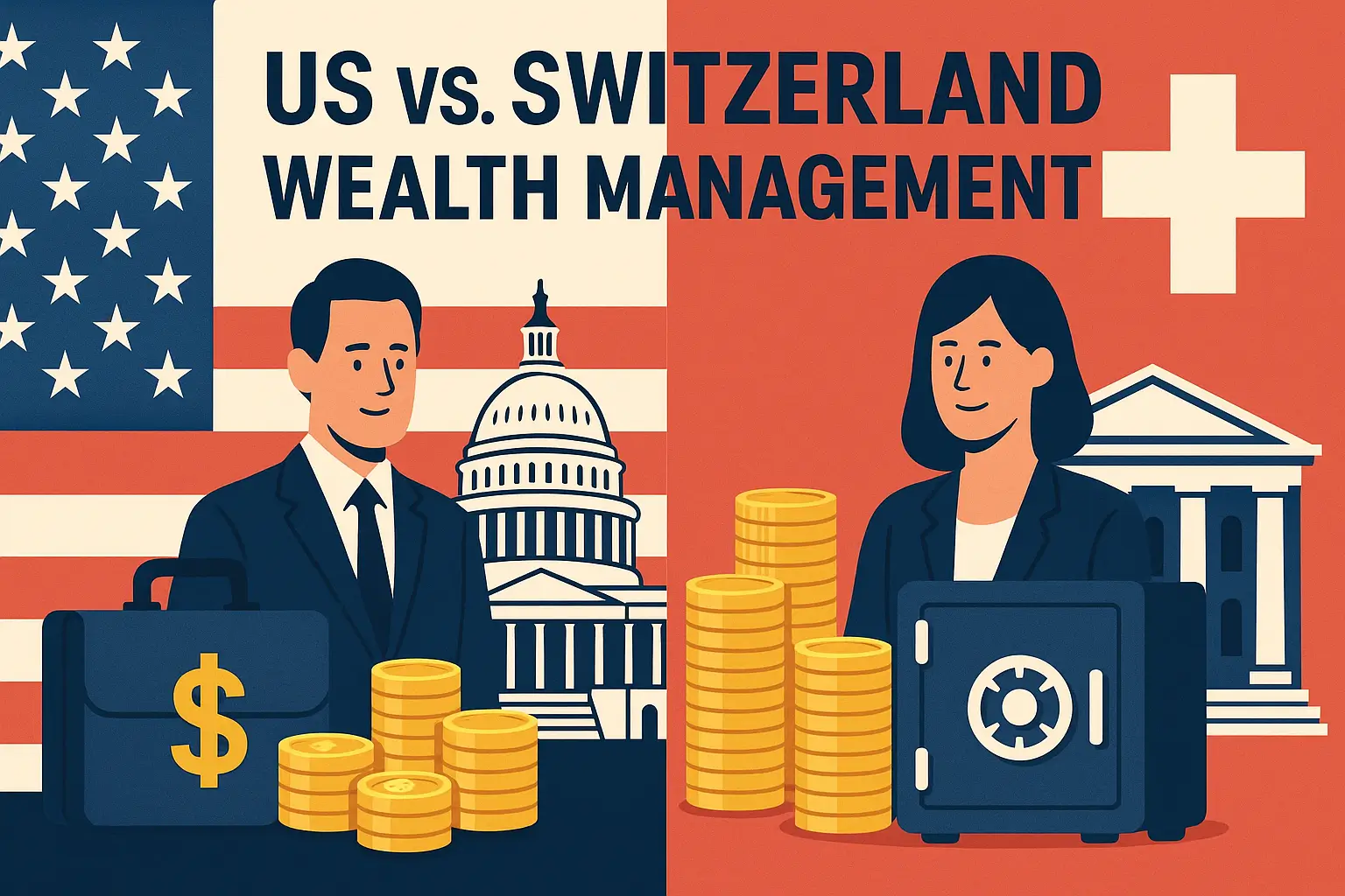 Illustration zum Vergleich der US-amerikanischen und schweizerischen Ansätze für eine unabhängige Vermögensverwaltung, mit nationalen Symbolen, einem Geschäftsmann und einer Geschäftsfrau, Goldmünzen und Finanzgebäuden. USA vs. Schweiz