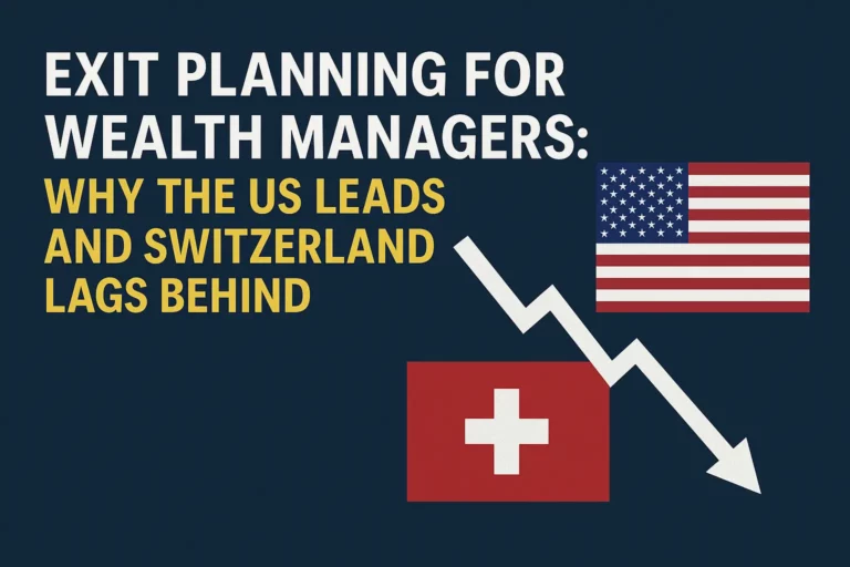 Grafik, die den Unterschied zwischen den Exit-Strategien von US-amerikanischen und Schweizer Vermögensverwaltungsfirmen zeigt, mit Symbolen für M&A, Nachfolge, Private Equity und traditionelle Schweizer Finanzen.