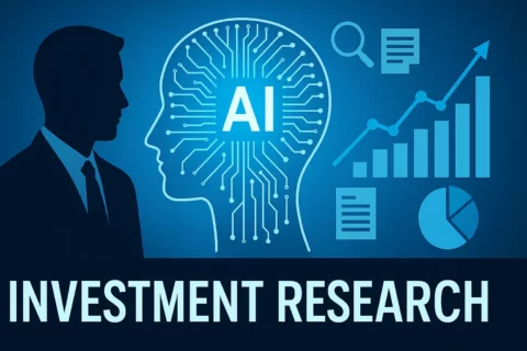 AI Investment Research visualisiert eine menschliche Silhouette, die einem AI-gesteuerten digitalen Kopf mit Datendiagrammen, Graphen und Analysesymbolen gegenübersteht.