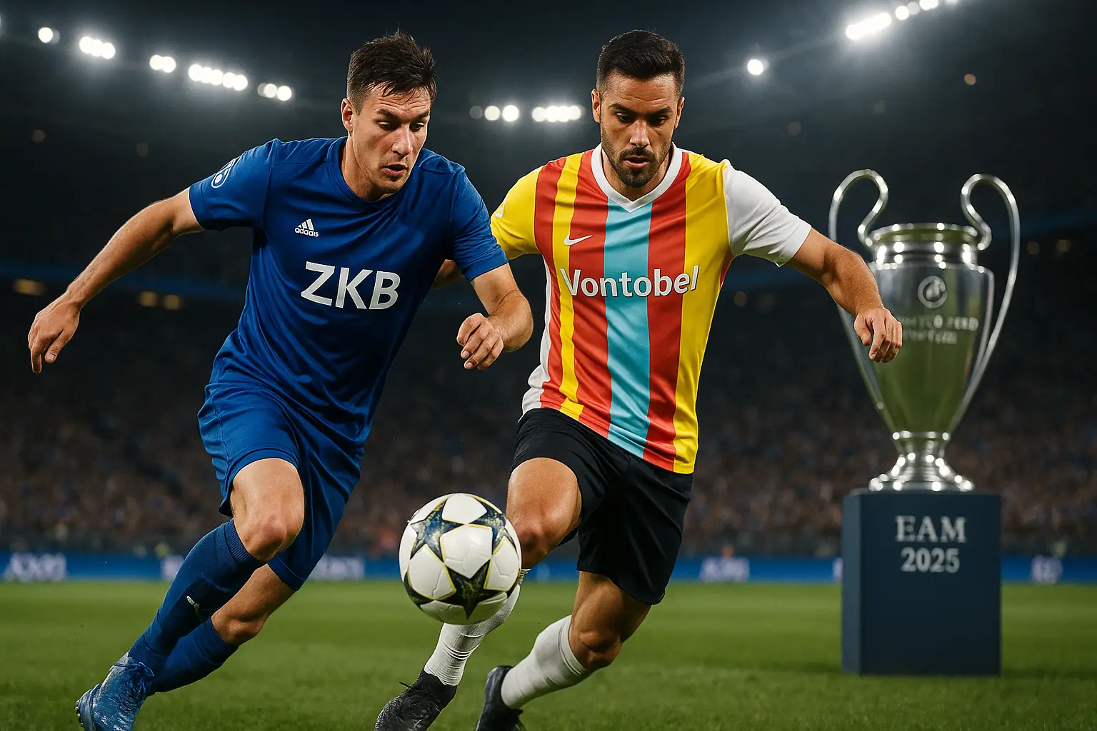 Zwei Fussballspieler, die die ZKB und Vontobel repräsentieren, kämpfen in einem vollbesetzten Schweizer Stadion bei hellem Flutlicht intensiv um den Ball. Im Hintergrund steht die silberne EAM 2025-Trophäe als Symbol für Exzellenz und Leistung.