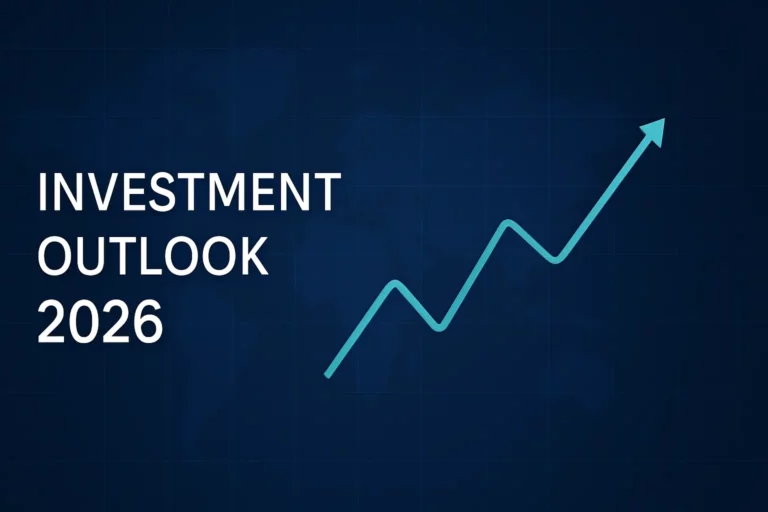 Investment Outlook 2026 hero image mit einer aufsteigenden Trendlinie und einem globalen Markthintergrund.