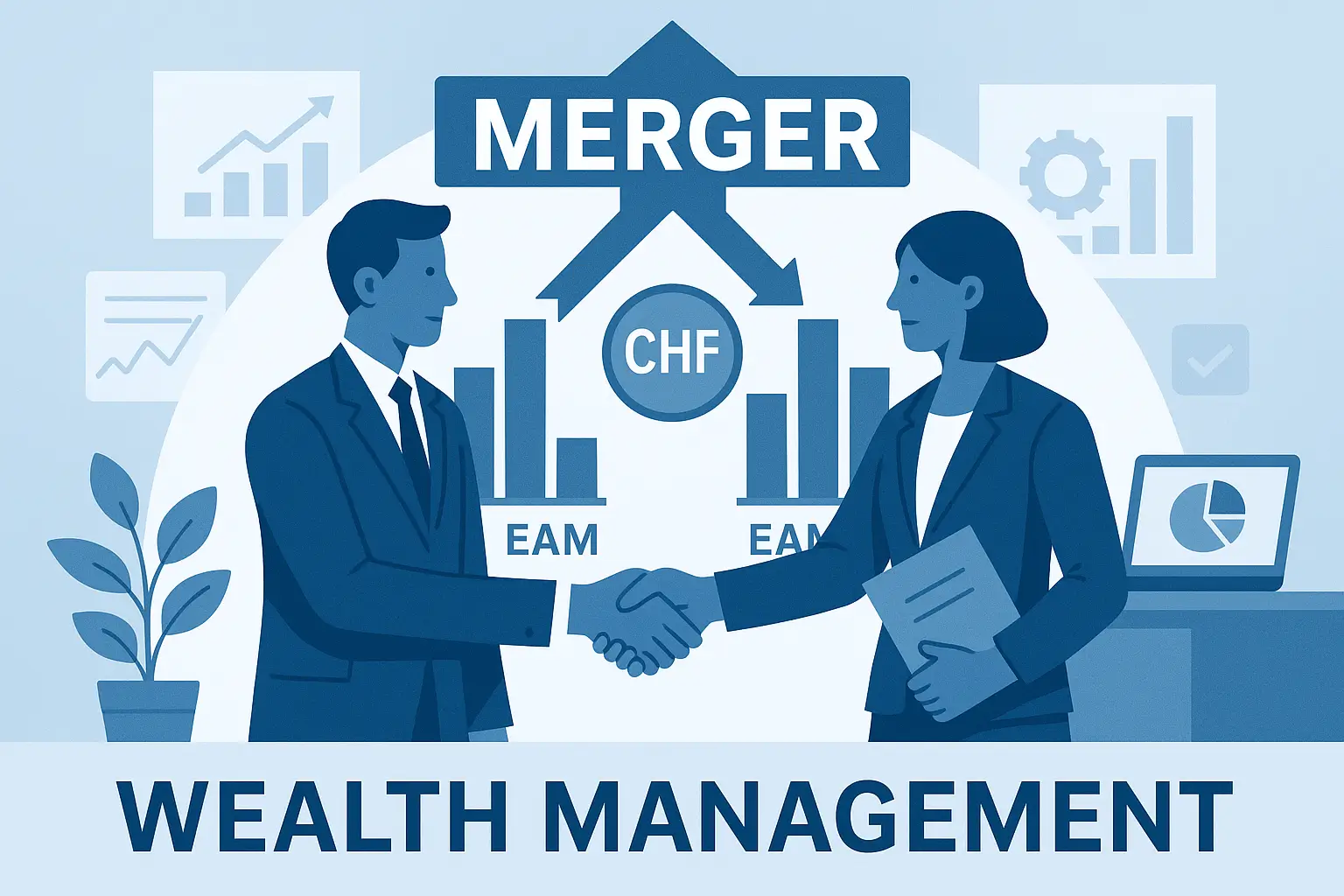 Digital illustration showing two wealth management firms merging, symbolising valuation, AUM retention and strategic integration.