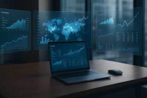 AI investment research workspace with holographic financial dashboards, global market analytics, and a laptop displaying real-time charts.