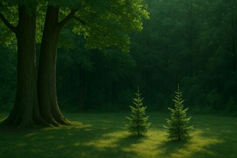 Zwei junge Tannenbäume, die im Schatten grosser, reifer Bäume in einem sonnenbeschienenen Wald wachsen - ein Symbol für kleinere Depotbanken, die neben den etablierten Giganten im Schweizer EAM-Custody-Markt um Platz und Sichtbarkeit kämpfen.