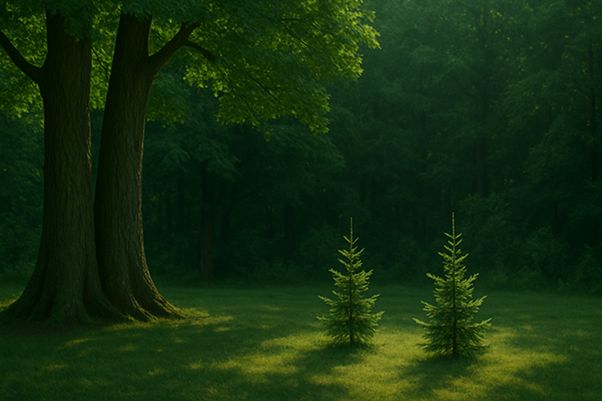Zwei junge Tannenbäume, die im Schatten grosser, reifer Bäume in einem sonnenbeschienenen Wald wachsen - ein Symbol für kleinere Depotbanken, die neben den etablierten Giganten im Schweizer EAM-Custody-Markt um Platz und Sichtbarkeit kämpfen.