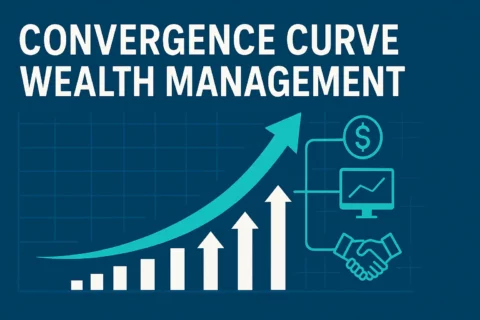 Digitale 16:9-Illustration, die eine aufwärts gerichtete Konvergenzkurve in der Vermögensverwaltung mit steigenden Balken, einem Pfeil und Symbolen für Finanzen, KI und Partnerschaft zeigt.