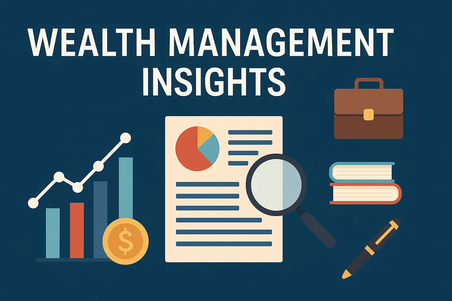 “Wealth management insights visual showing financial charts, documents and analysis tools