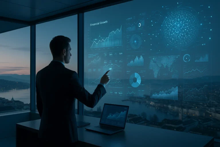 Modernes Schweizer Büro mit holografischer KI-Finanzschnittstelle als Symbol für WealthTech 2026 in der unabhängigen Vermögensverwaltung