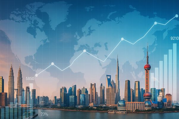 Skyline einer Stadt mit einem Finanzdiagramm, das die globalen Risiken und das Wachstum der Schwellenländer veranschaulicht.