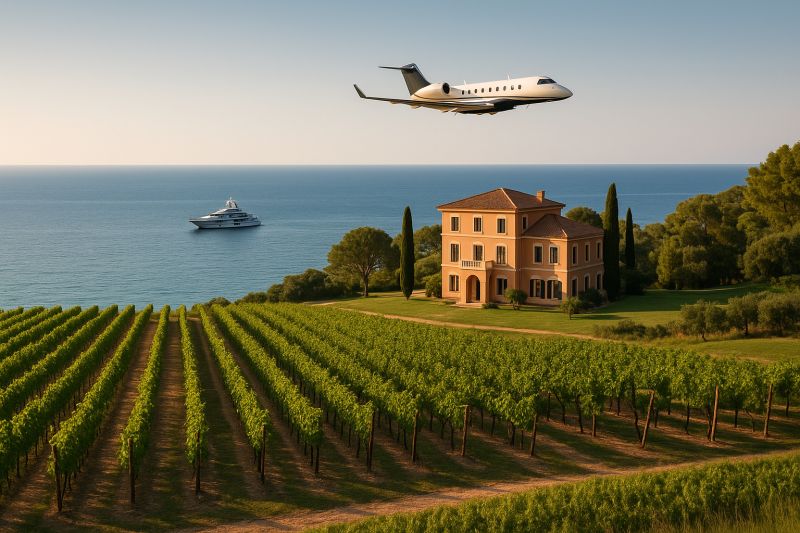 A fine bottle of vintage red wine resting beside a crystal glass and gold-toned accessories, symbolising sophistication, prosperity, and timeless taste.