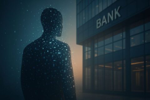 Silhouette of a person standing in front of a bank building, symbolising a bank collecting data and creating hidden customer profiles.