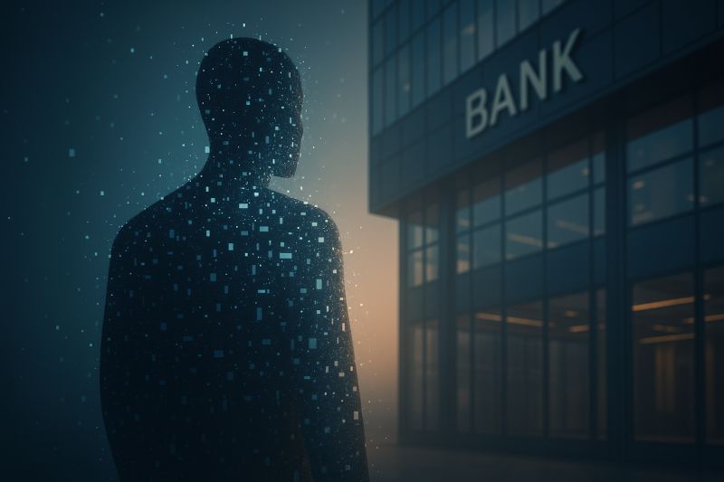 Silhouette einer Person, die vor einem Bankgebäude steht und eine Bank symbolisiert, die Daten sammelt und versteckte Kundenprofile erstellt.