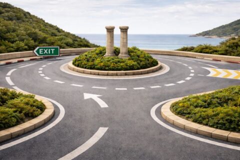 Kreisverkehr an der Küste Zyperns mit Blick aufs Meer, Steinsäulen in der Mitte und einem “Exit”-Verkehrsschild, das Wahlmöglichkeiten und Richtung symbolisiert.