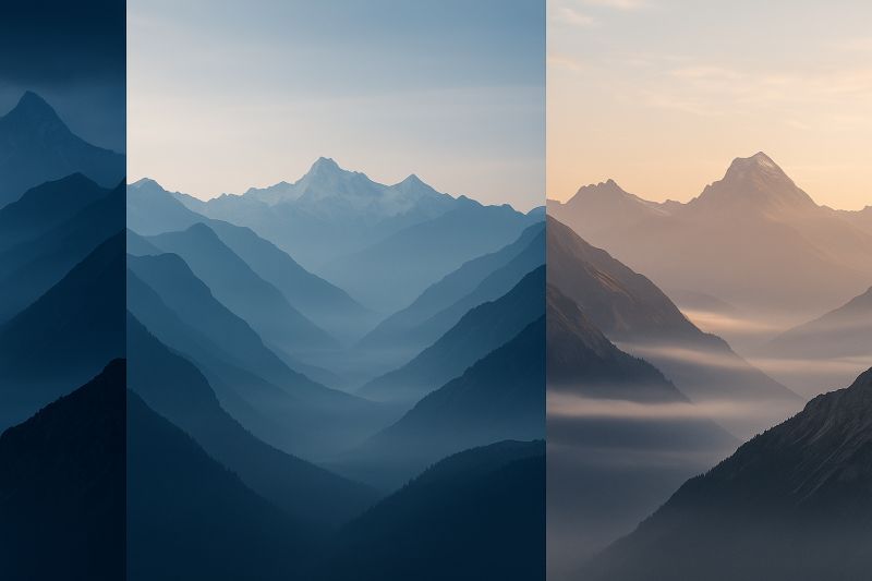 Vielschichtige Gebirgszüge, die im Nebel verschwinden, symbolisieren Tiefe, Perspektive und mehrere Ebenen der Realität.