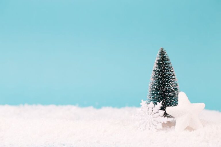 Frohe Weihnachten für alle mit einem kleinen Weihnachtsbaum und weissen Stern auf Schnee vor einem ruhigen blauen Hintergrund