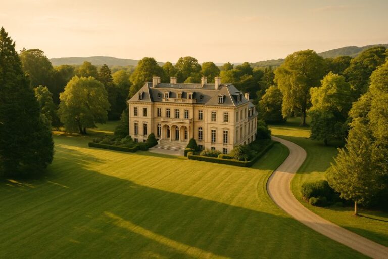 Luxuriöse Einfamilien-Büro-Anwesen mit Parklandschaft und eigener Zufahrt, ein Symbol für Vermögensverwaltung, Diskretion und Generations-Investitionsstrategie.