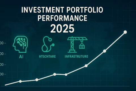 Stylised 16:9 illustration of a rising investment portfolio performance chart for 2025, with icons representing artificial intelligence, healthcare, and infrastructure set against a global financial grid background.