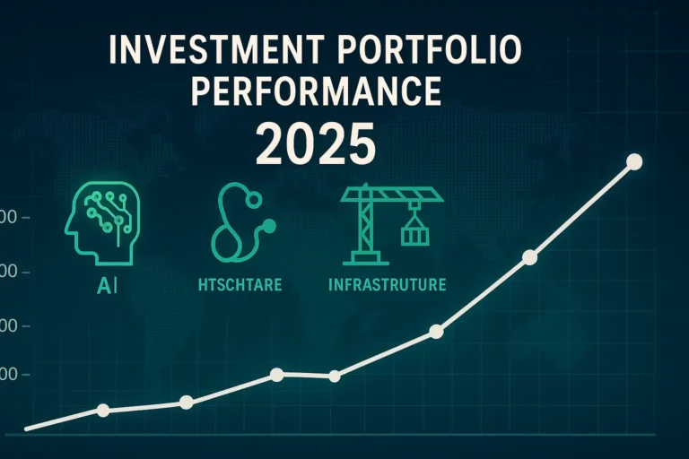Stilisierte 16:9-Illustration eines Diagramms mit steigender Investitionsportfolioperformance für das Jahr 2025, mit Symbolen für künstliche Intelligenz, Gesundheitswesen und Infrastruktur vor dem Hintergrund eines globalen Finanzgitters.