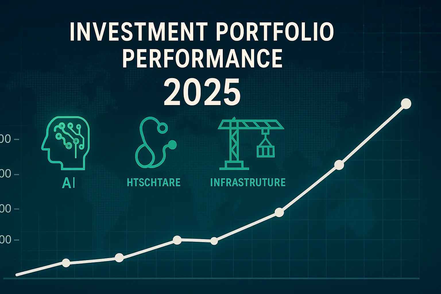 Stylised 16:9 illustration of a rising investment portfolio performance chart for 2025, with icons representing artificial intelligence, healthcare, and infrastructure set against a global financial grid background.