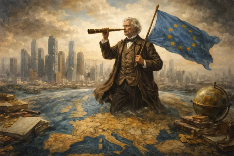 symbolic figure overlooking Europe with EU flag representing AMLA financial oversight and anti-money laundering strategy