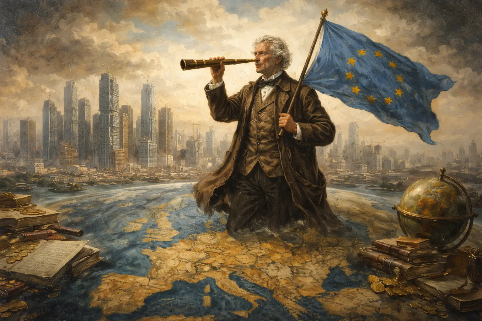 symbolic figure overlooking Europe with EU flag representing AMLA financial oversight and anti-money laundering strategy