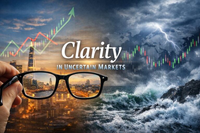 Single family office investment concept showing financial charts, city skyline, and stormy markets through glasses symbolising clarity, risk management, and strategic wealth planning.