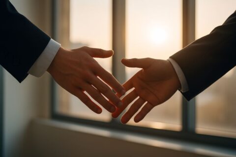 Zwei Fachleute, die sich die Hand reichen, als Symbol für Vertrauen, Beziehungsmanagement und Kundenerfahrung in der Vermögensverwaltung