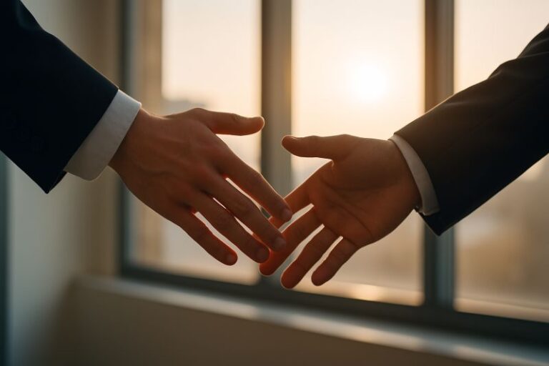 Two professionals reaching out symbolising trust, relationship management and client experience in wealth management