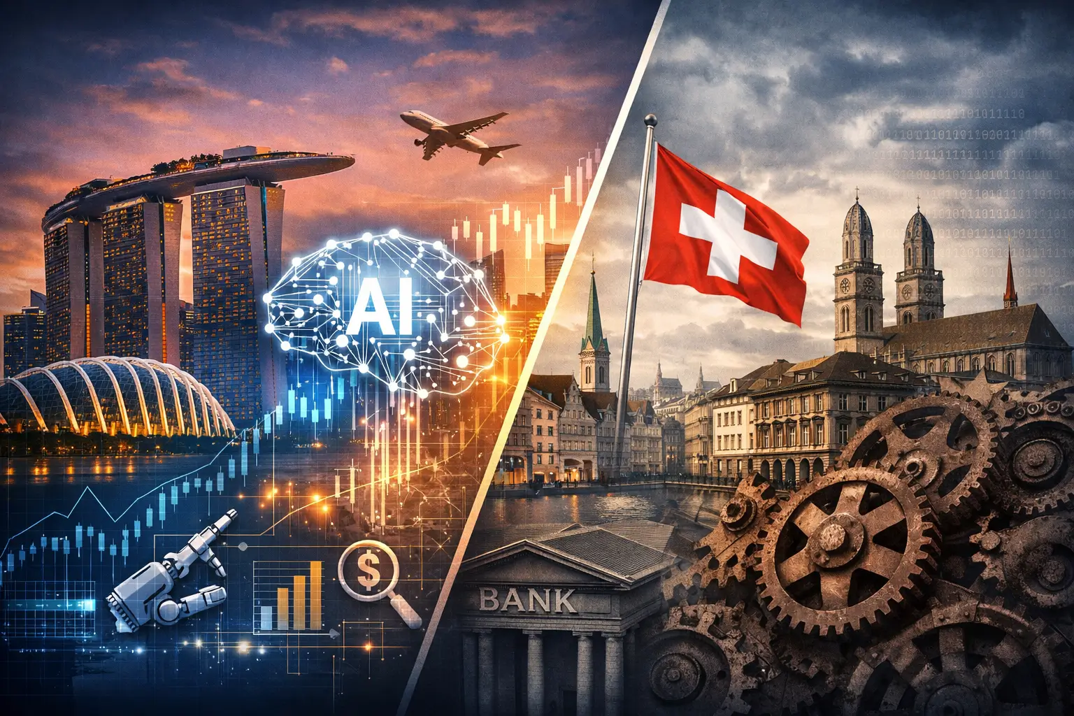 AI-driven financial markets contrasted with Swiss private banking, highlighting innovation, stability and modern wealth management