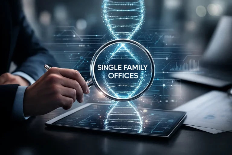 DNA helix with magnifying glasses symbolising the difficulty of identifying and researching Swiss single family offices