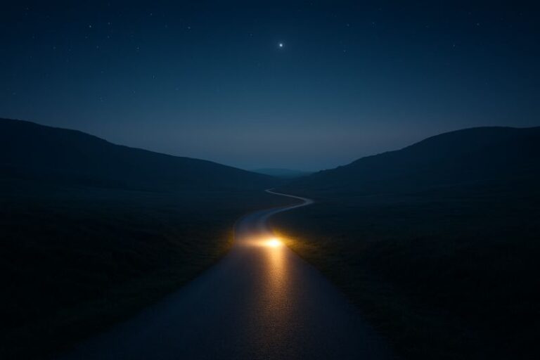 Illuminated road at night symbolising trust, vision and long-term direction in wealth management