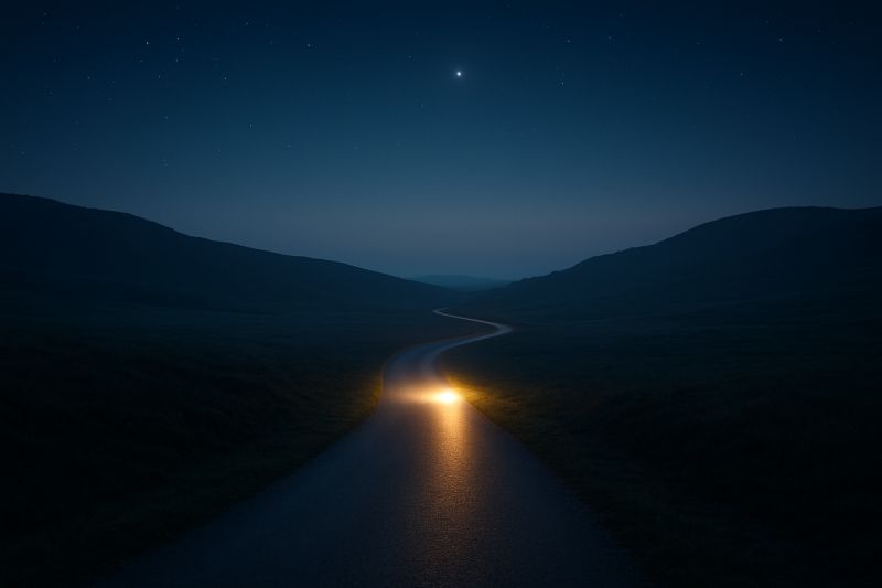 Beleuchtete Straße bei Nacht als Symbol für Vertrauen, Vision und langfristige Ausrichtung in der Vermögensverwaltung