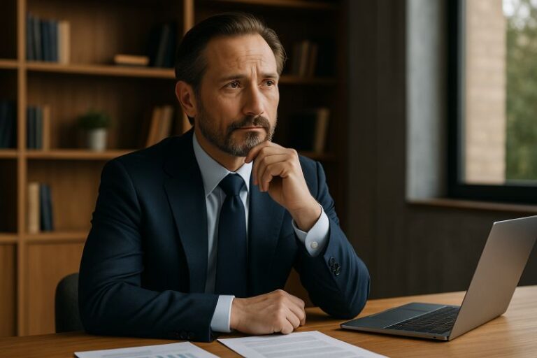 Wealth manager in a suit reflecting at his desk with a laptop