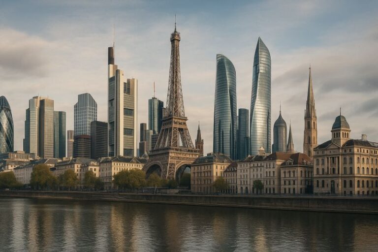 European historic city skyline blended with modern global architecture symbolising cross-border wealth planning