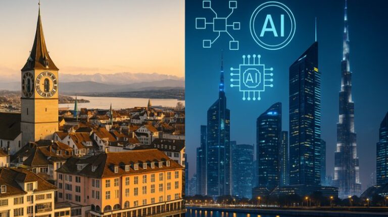 Zurich old town contrasted with a futuristic Middle Eastern skyline symbolising the shift in global wealth management leadership