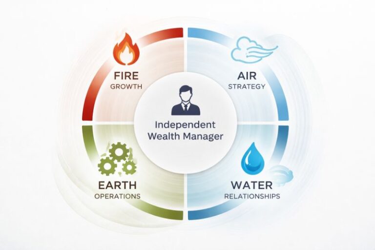 Organisational balance in wealth management illustrated by fire, air, earth and water model