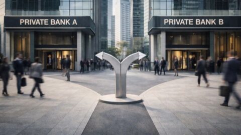 Private banker career move from Bank A to Bank B symbolised by a crossroads between two private banks