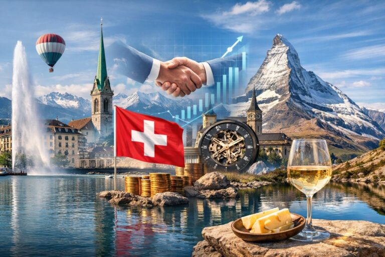 Kollektion von Schweizer Wahrzeichen mit Schweizer Flagge und Handshake, die das Schweizer Modell unabhängiger Vermögensverwaltung symbolisieren