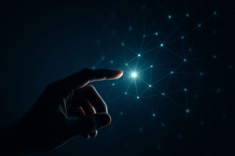 Hand touching a glowing digital network, representing CRM, data connectivity, and technology in wealth management
