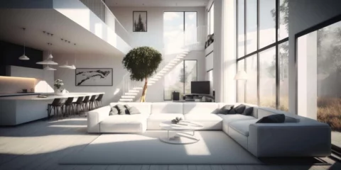 Bright open-plan modern living space with large windows, illustrating house products vs open architecture in wealth management.