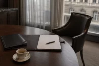 Empty leather chair pulled back from a polished walnut conference table in a Zurich private banking meeting room, with an unsigned contract folder and an untouched espresso – symbolising failed M&A deals in Swiss independent wealth management.