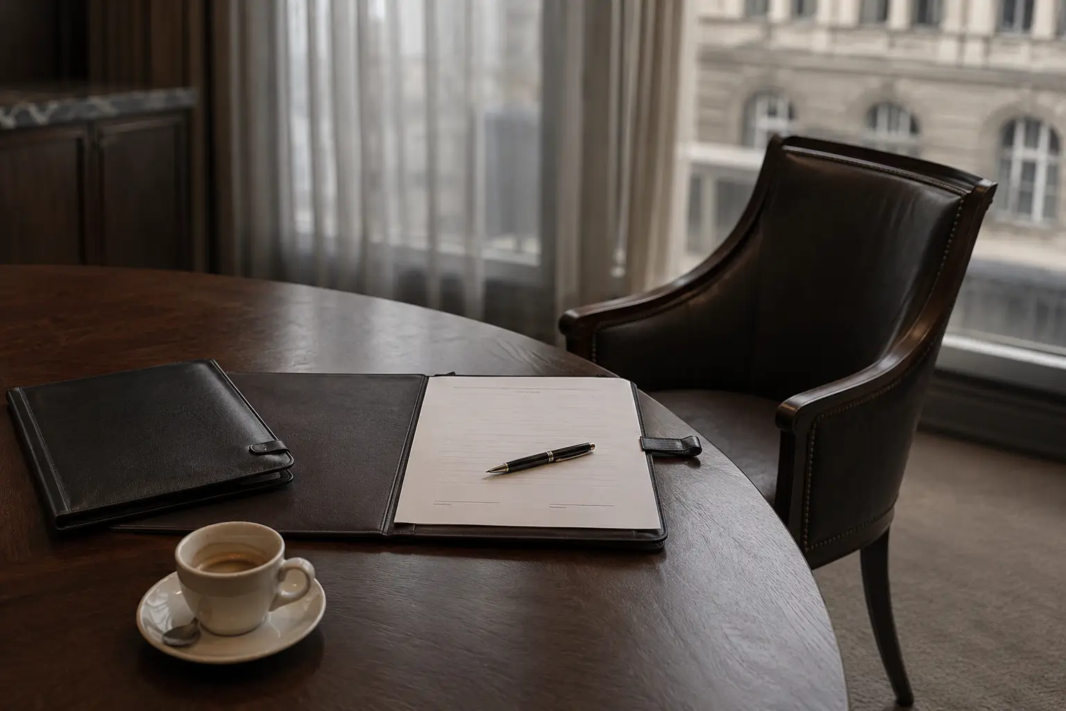 Leerer Ledersessel, von einem polierten Nussbaum-Konferenztisch in einem Zürcher Private-Banking-Besprechungsraum zurückgezogen, mit einem nicht unterschriebenen Vertragsordner und einem unberührten Espresso – das Symbol für gescheiterte M&A-Deals im Schweizer unabhängigen Vermögensmanagement.