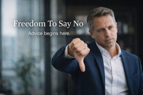 Wealth manager giving a thumbs-down gesture, illustrating freedom to say no in wealth management.