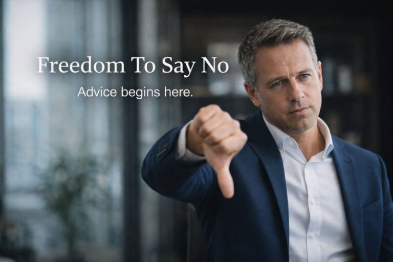 Wealth manager giving a thumbs-down gesture, illustrating freedom to say no in wealth management.