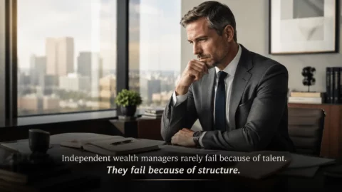 Independent wealth manager reflecting at his desk, illustrating partnership dynamics in wealth management.