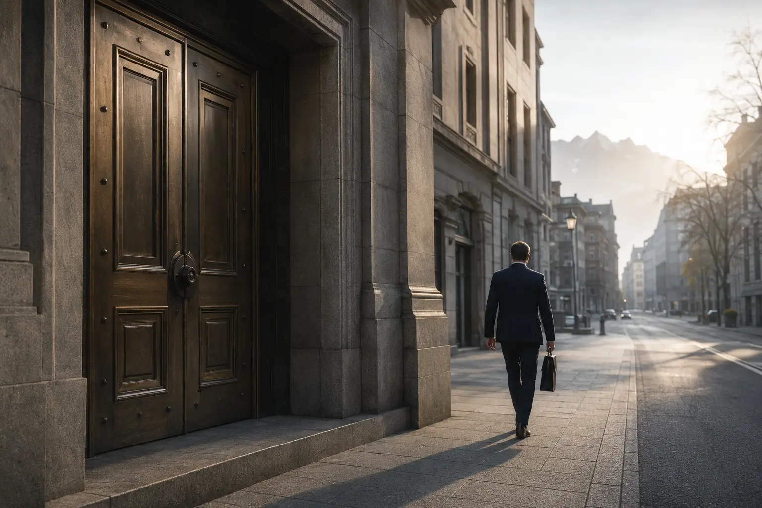 Vermögensverwalter geht an einem Eingang einer Privatbank vorbei, was die Bindung von UHNW-Kunden im Vermögensmanagement symbolisiert.
