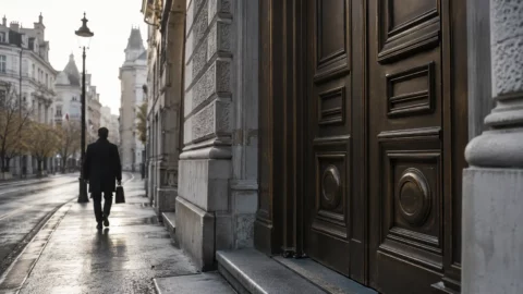 Geschäftsmann mit Aktenkoffer geht an einem ruhigen Morgen in einer Straßenansicht von der schweren Bronzetür eines Schweizer Bankgebäudes weg.
