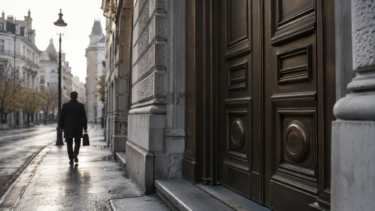 Businessman with briefcase walking away from the heavy bronze door of a Swiss bank building on a quiet morning street.