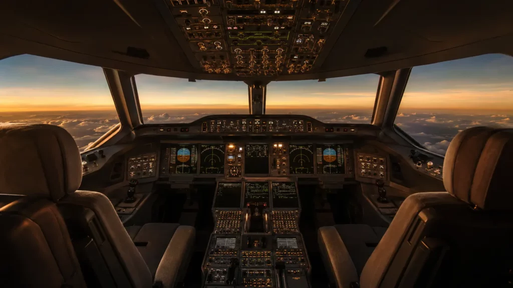 Photorealistic wide-angle view from inside a modern wide-body airliner cockpit, looking past two empty pilot seats and illuminated instrument panels toward a golden dusk sky above the clouds.