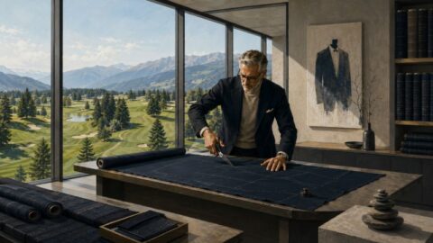 Tailor cutting dark fabric by a window, a metaphor for the bespoke wealth management product built on advisor judgment.